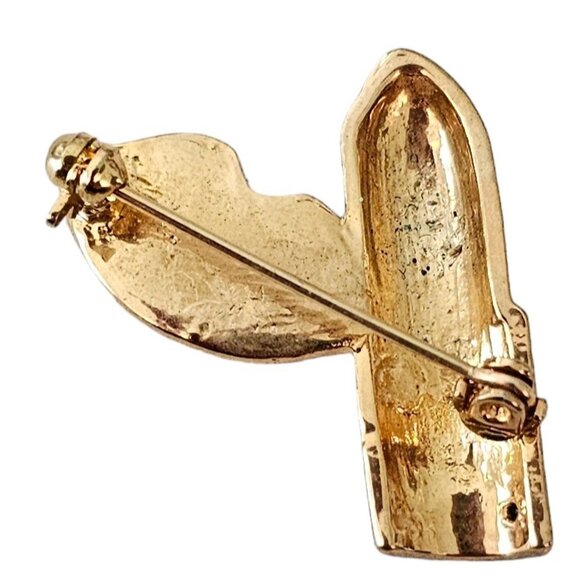 Gold Tone Clear Rhinestone Red Enamel Lipstick Lips Pin Brooch L185 - Picture 4 of 7
